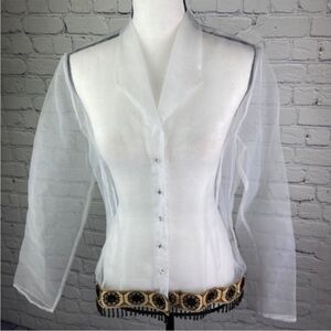 Kelly Bishop Evenings Top Womens Sz 8 Sheer Button Down Long Sleeve Bead Fringe
